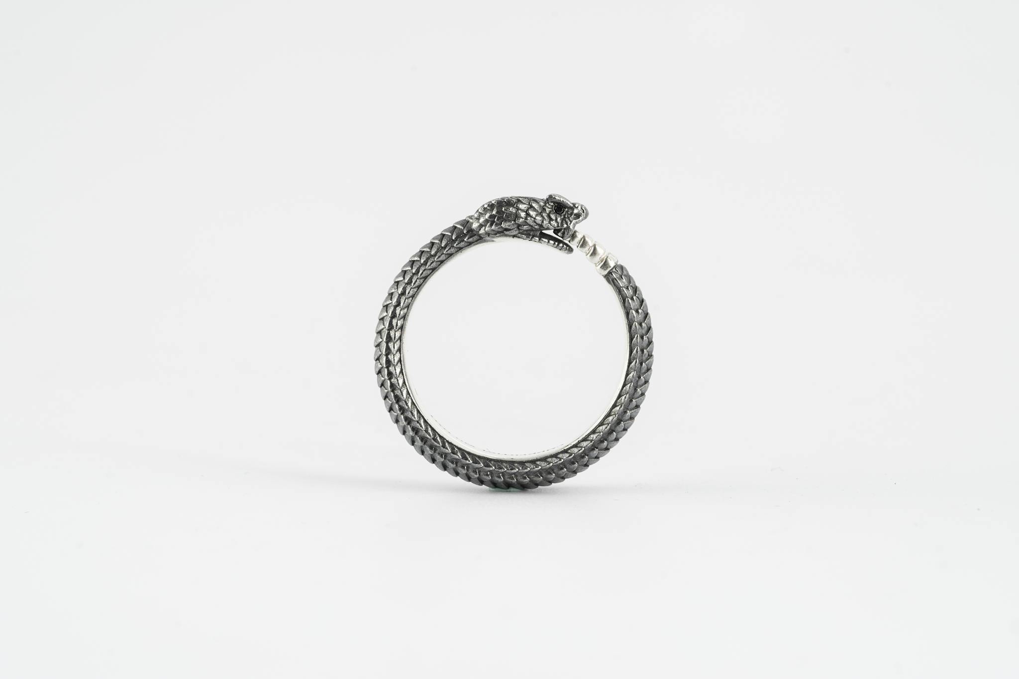Elegant snake-shaped ring presented on a clean white background, showcasing intricate design details.