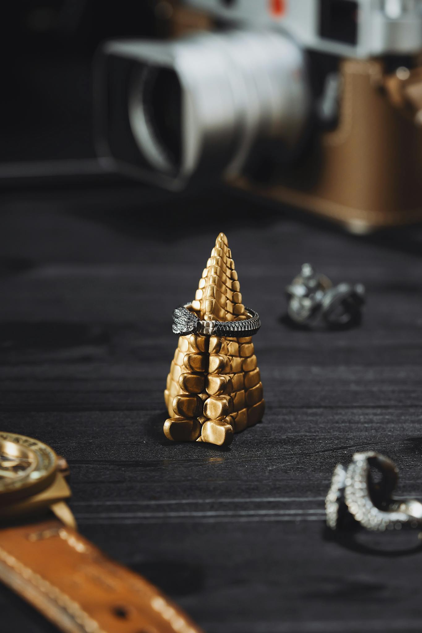 Elegantly crafted silver dragon ring showcased in a vertical shot with artistic focus.