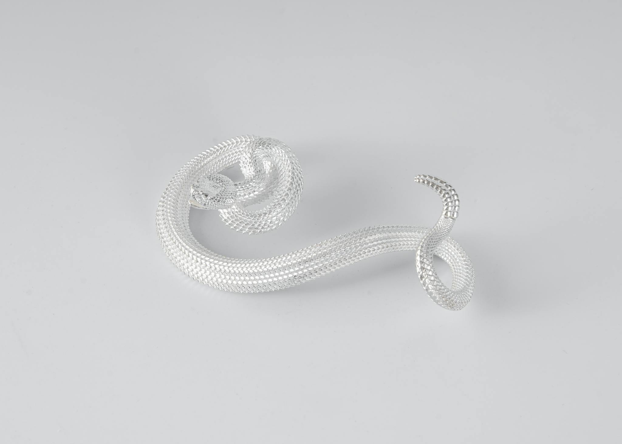 Luxurious silver snake accessory with intricate design on a white background.